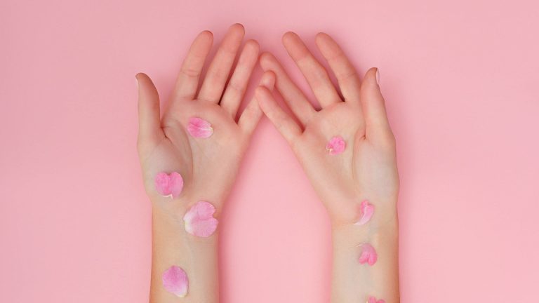 Jobs to be done of grooming: flower petals on two outstretched forearms and palms